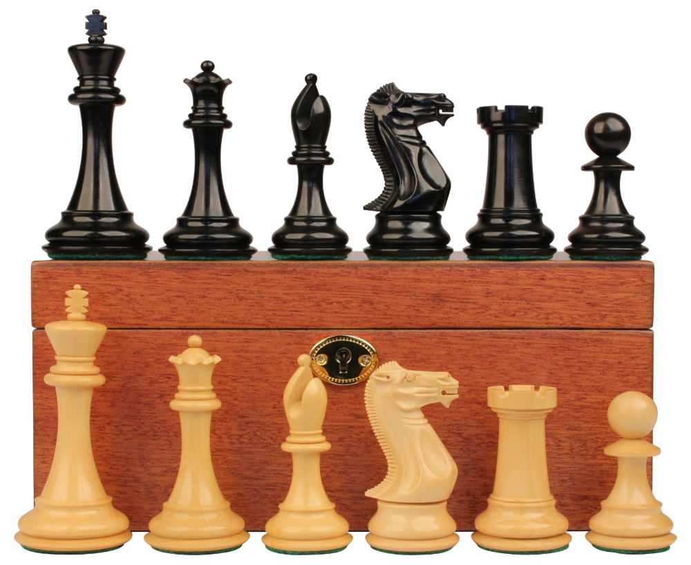 New Exclusive Staunton Chess Set - Ebonized & Boxwood Pieces - Mahogany Classic Chess Box - 3" King